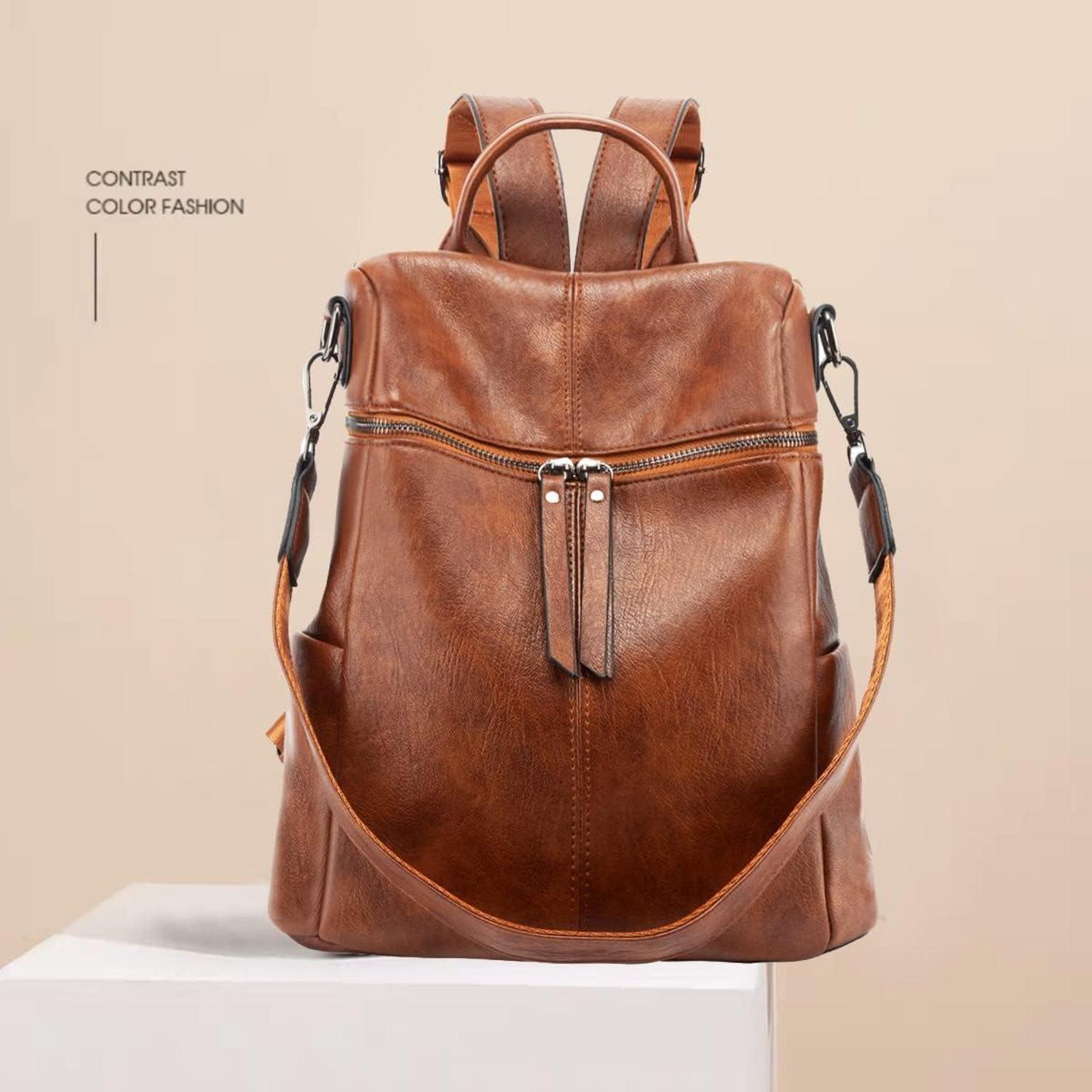 Leathario Damen Rucksack klein Anti Diebstahl aus PU Leder Braun