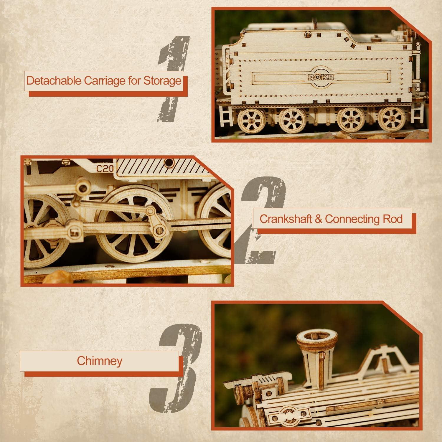 ROKR 3D Puzzle Express Dampflokomotive Holzbausatz - Holzpuzzle Modellbau Weihnachten Geburtstagsgeschenk