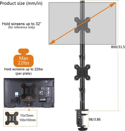 Vertikale Doppelmonitorhalterung für 13-27-Zoll Monitore, Klemmenmontage, volle Einstellbarkeit