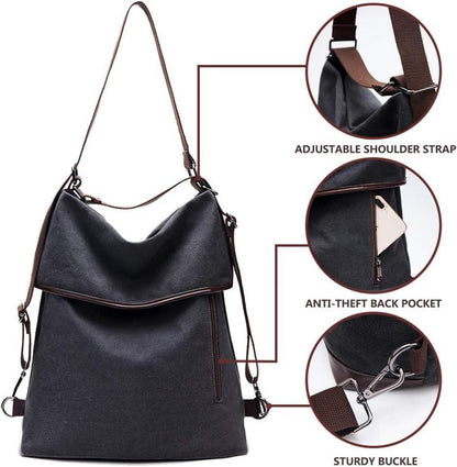 Canvas Rucksack Damen Vintage Handtasche Groß Anti Diebstahl Schwarz