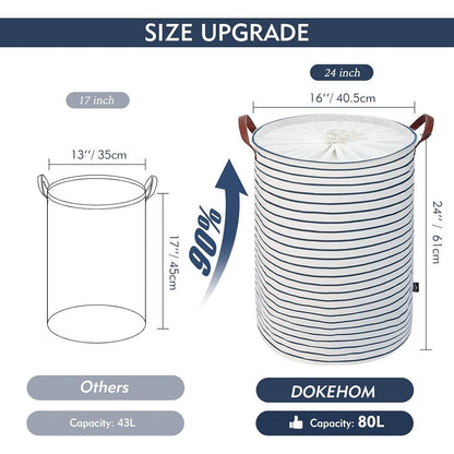 DOKEHOM 24-Inch Faltbarer Runder Wäschekorb Baumwolle Blau