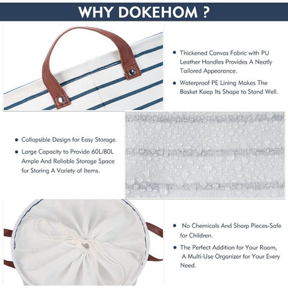 DOKEHOM 24-Inch Faltbarer Runder Wäschekorb Baumwolle Blau