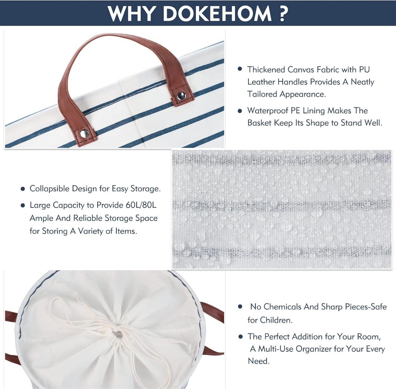 DOKEHOM 24-Inch Verdickte Faltbare Runde Wäschekorb Baumwolle Blau XL PE