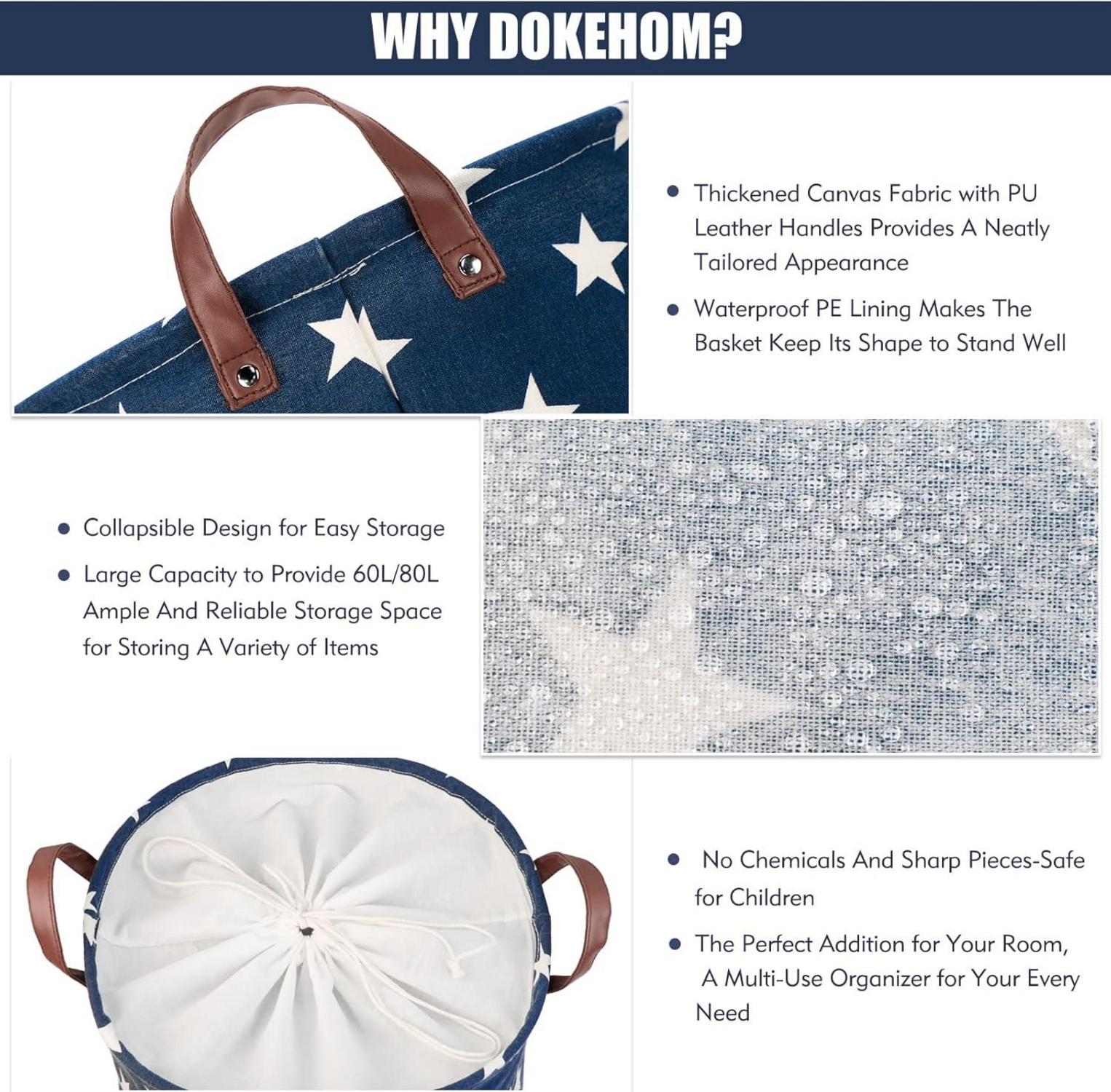 Runder Wäschekorb 20 Zoll Groß Blau Baumwolle Tunnelzug