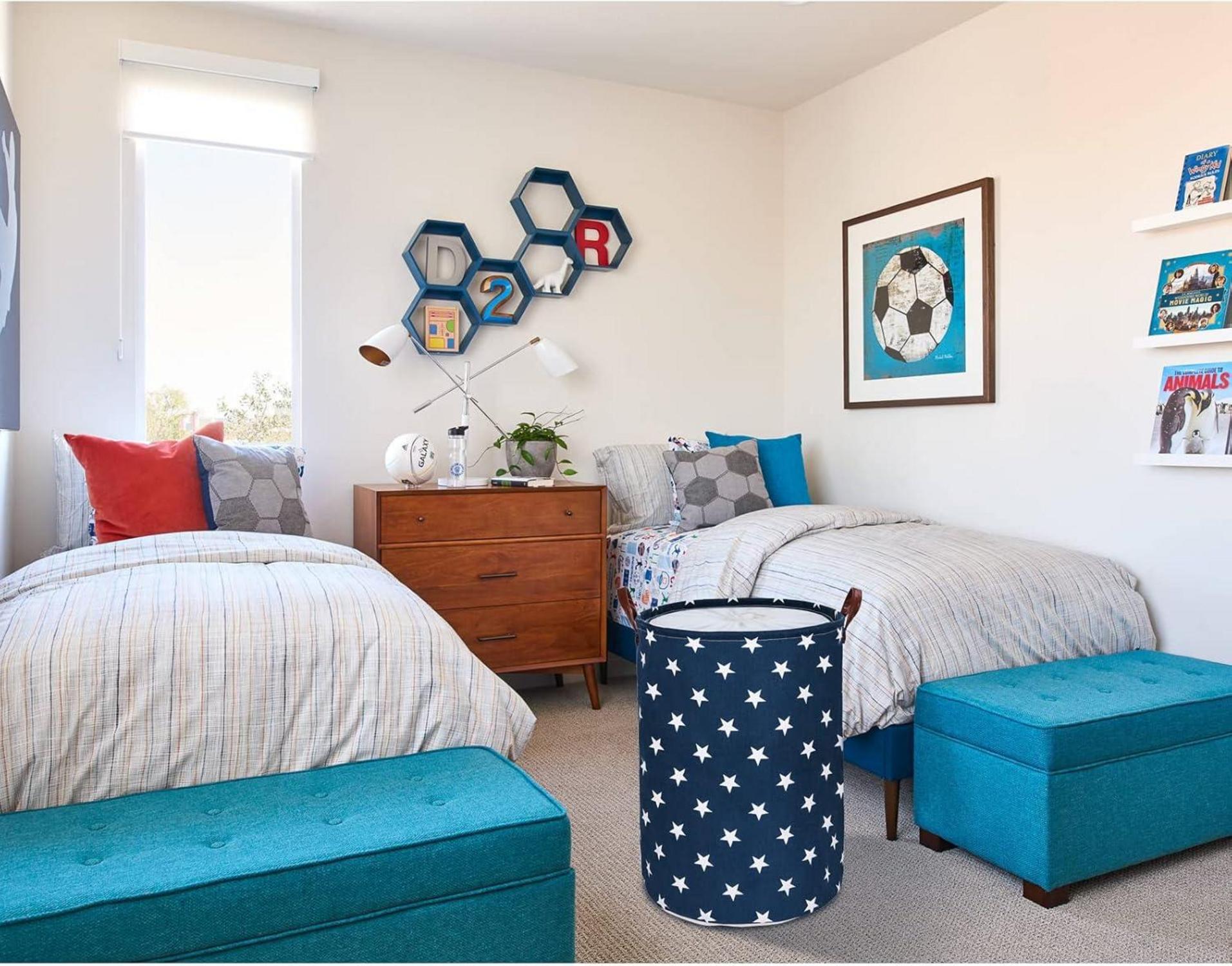 Runder Wäschekorb 20 Zoll Groß Blau Baumwolle Tunnelzug