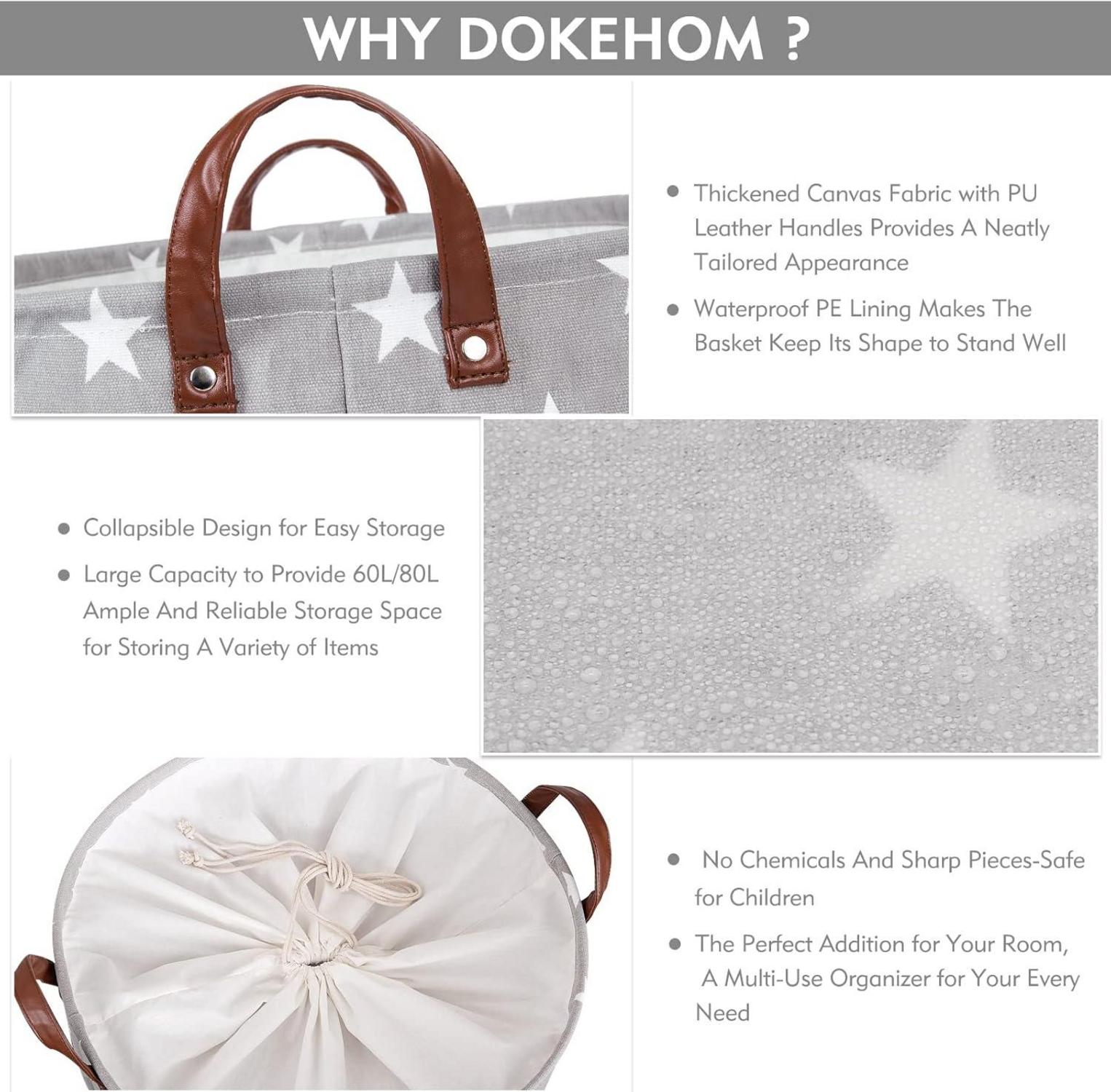 DOKEHOM 20-Inch Verdickte Faltbare Runde Wäschekörbe Baumwolle Grau Star L