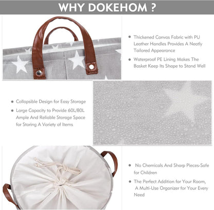 DOKEHOM 20-Inch Verdickte Faltbare Runde Wäschekörbe Baumwolle Grau Star L