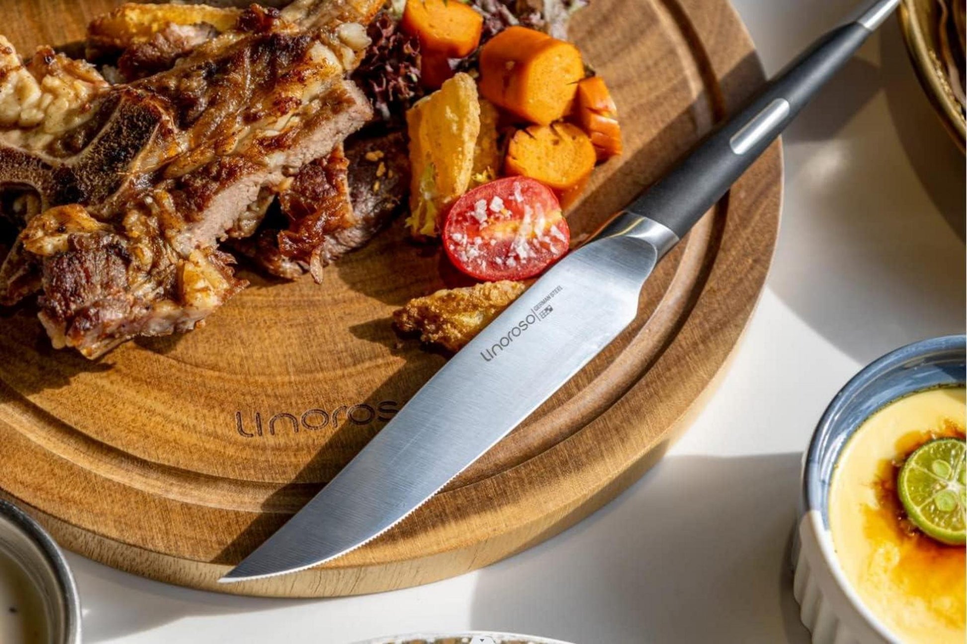 Steakmesser Set Edelstahl Wellenschliff 4-Stück mit Buchenholzblock