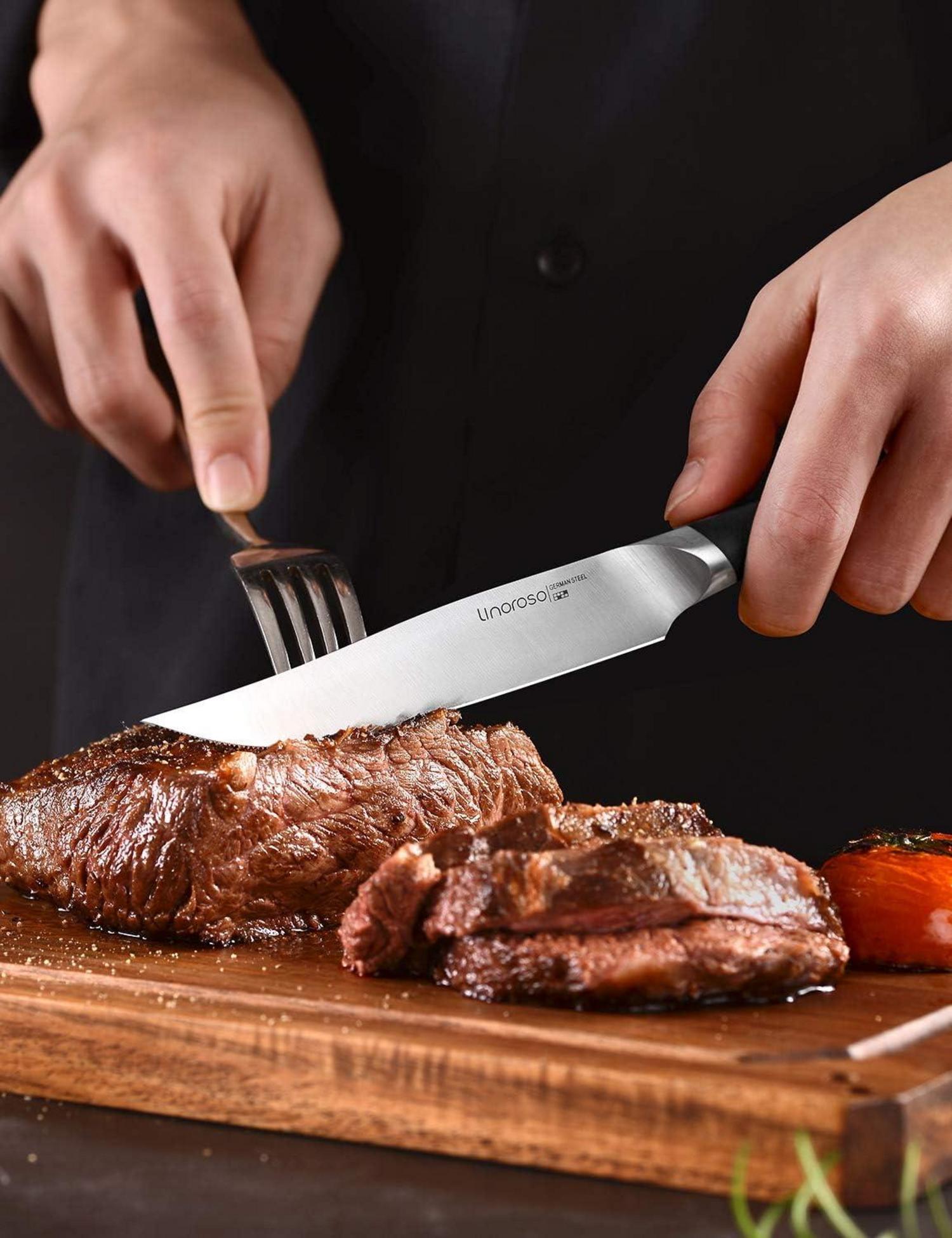 Linoroso Steakmesser Set Deutsche Edelstahl 4-Stück Wellenschliff Buchenholz Block -MAKO Serie