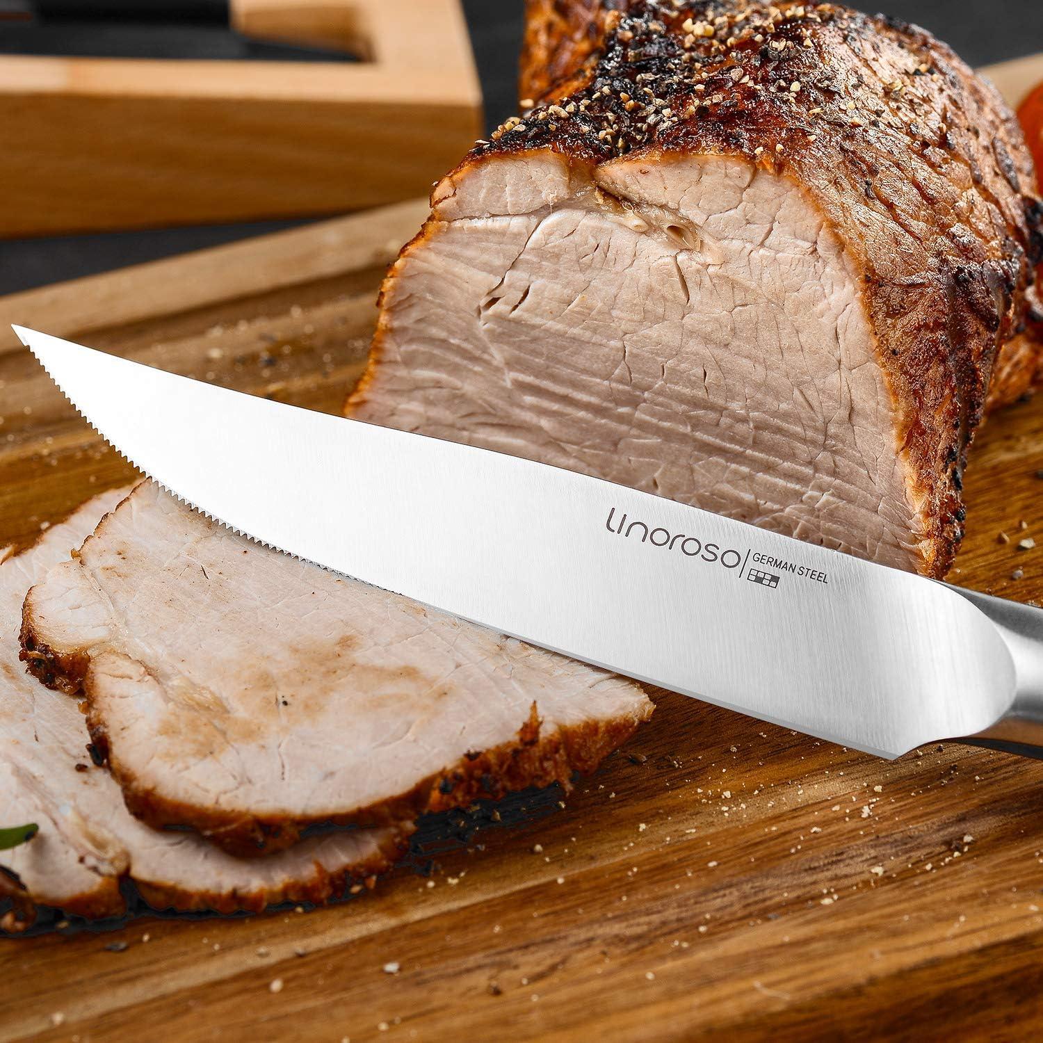 Steakmesser Set Deutsche Edelstahl Wellenschliff 4-Stück Buchenholz Block