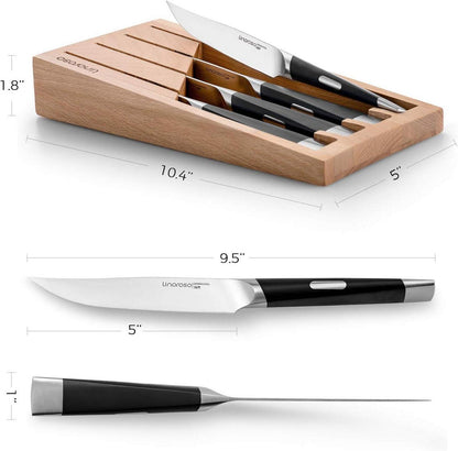 Steakmesser Set Deutsche Edelstahl Wellenschliff 4-Stück Buchenholz Block