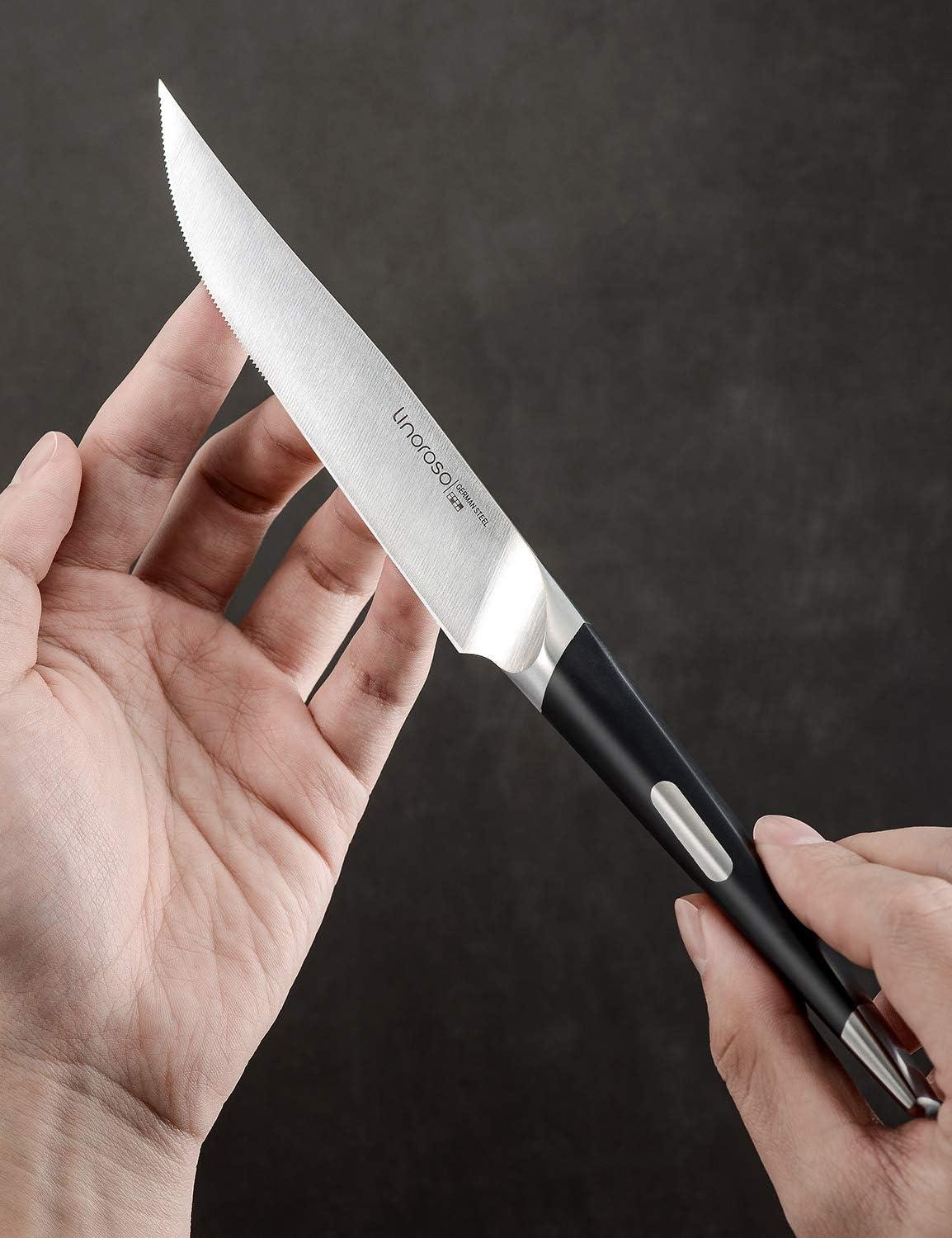 Linoroso Steakmesser Set Deutsche Edelstahl 4-Stück Wellenschliff Buchenholz Block -MAKO Serie