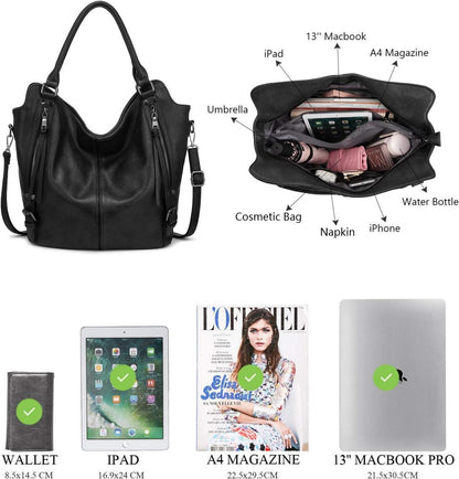 Realer Damen Großer Shopper Schwarz Leder Umhängetasche 2-teiliges Set