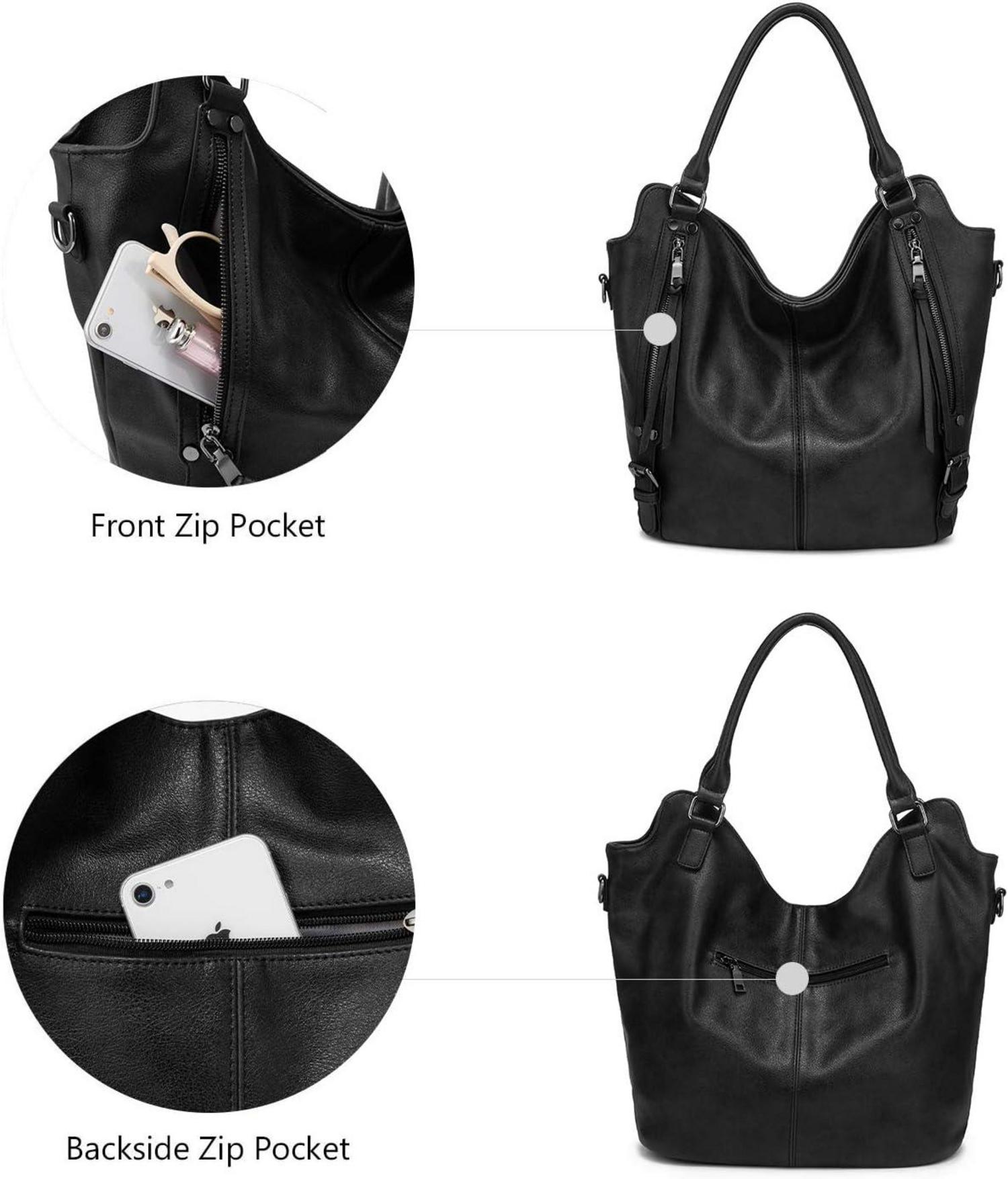 Realer Damen Handtaschen Set Schwarz 2pcs Hobo Leder Umhängetasche