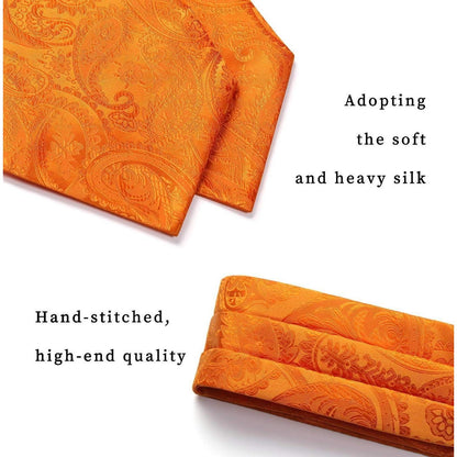 Herren Ascot Krawattenschal Set Paisley Orange mit Einstecktuch