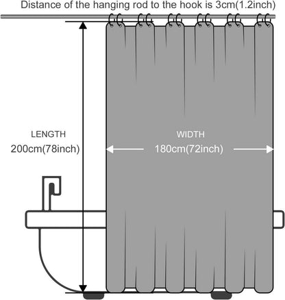 Duschvorhang 180x200 Wasserdicht Stoff Anti-schimmel Waschbar 12 Ringe
