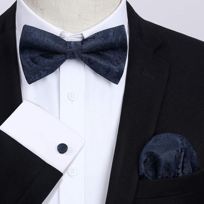 Herren Paisley Fliege Einstecktuch Set Manschettenknöpfe