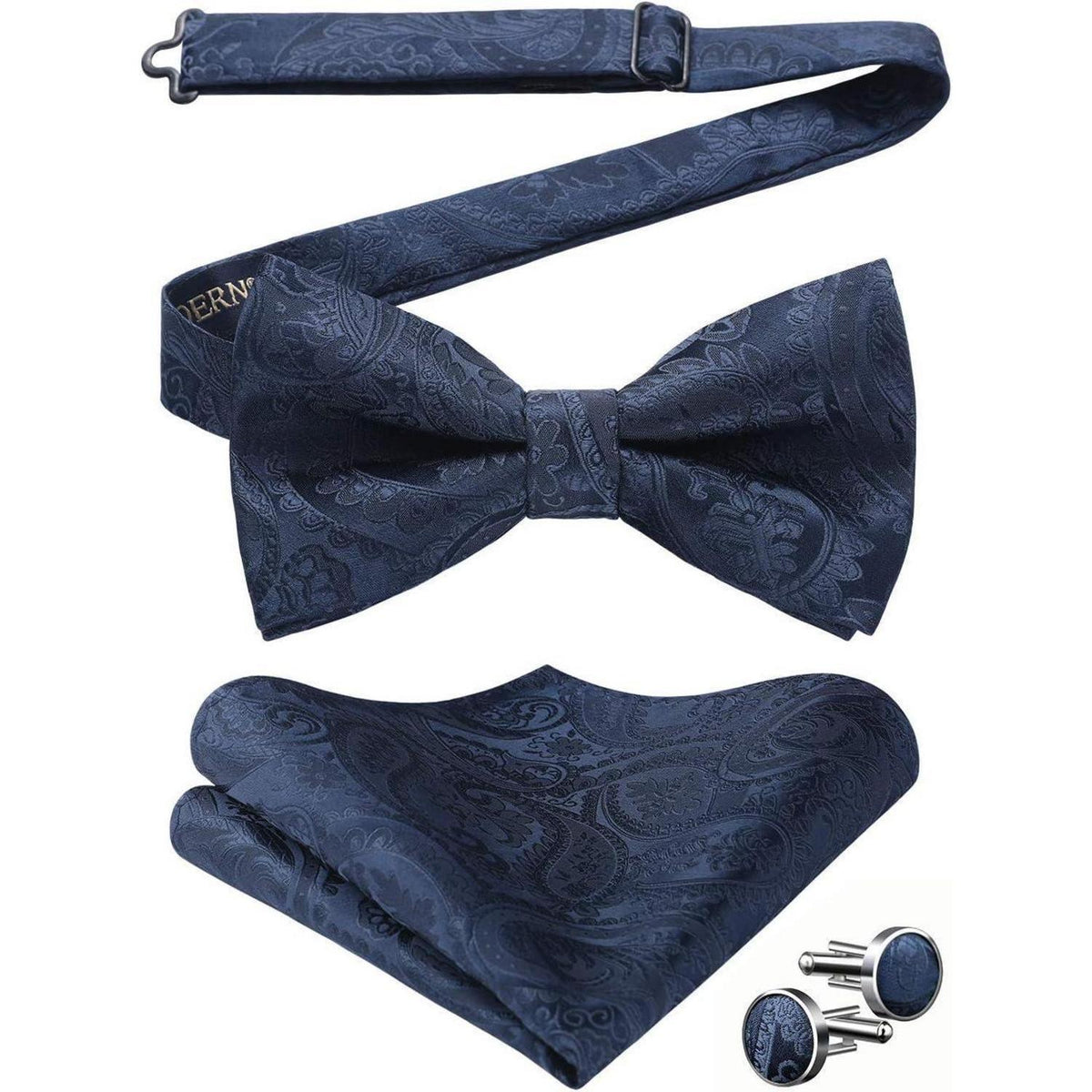 Paisley Fliegen-Set mit Einstecktuch und Manschettenknöpfen, Blau