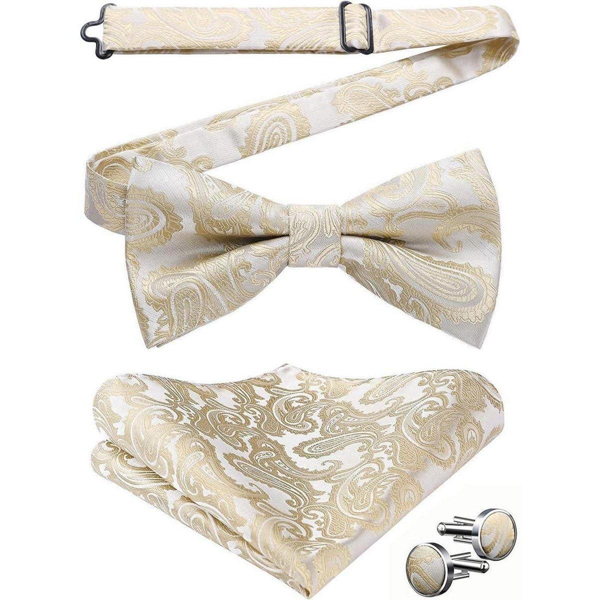Paisley Fliegen-Set mit Einstecktuch und Manschettenknöpfen, Beige