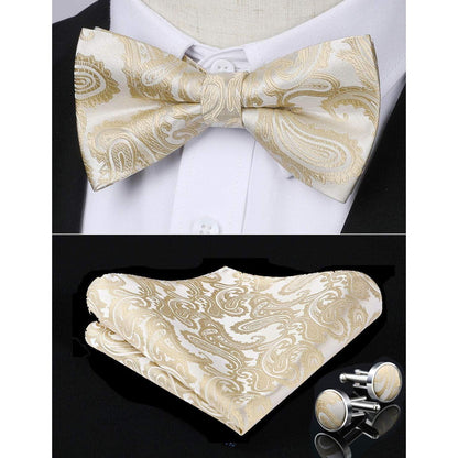 Paisley Fliegen-Set mit Einstecktuch und Manschettenknöpfen, Beige