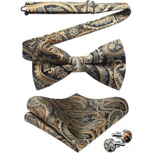 Herren Paisley Fliegen-Set mit Einstecktuch und Manschettenknöpfen, Gold