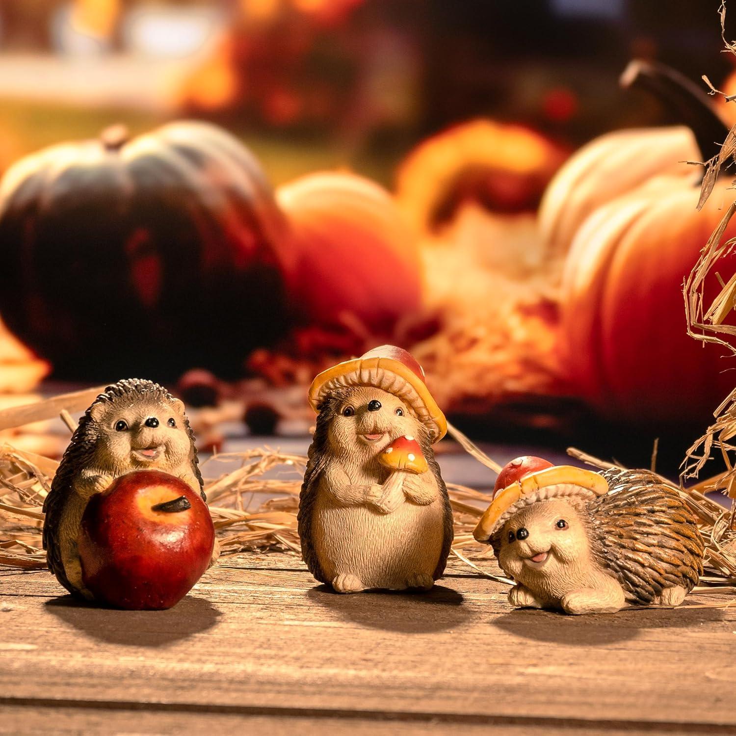 Herbstdeko 3er Set Kunstharz Igeln niedlichen Apfel Pilzen