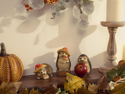 3er Set Kunstharz Igel für Herbstdeko und Garten, handbemalt, wasserfest, 10cm