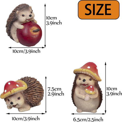3er Set Herbstdeko Kunstharz Igeln Gartendeko 10cm süße Tierfigur Apfel Pilze