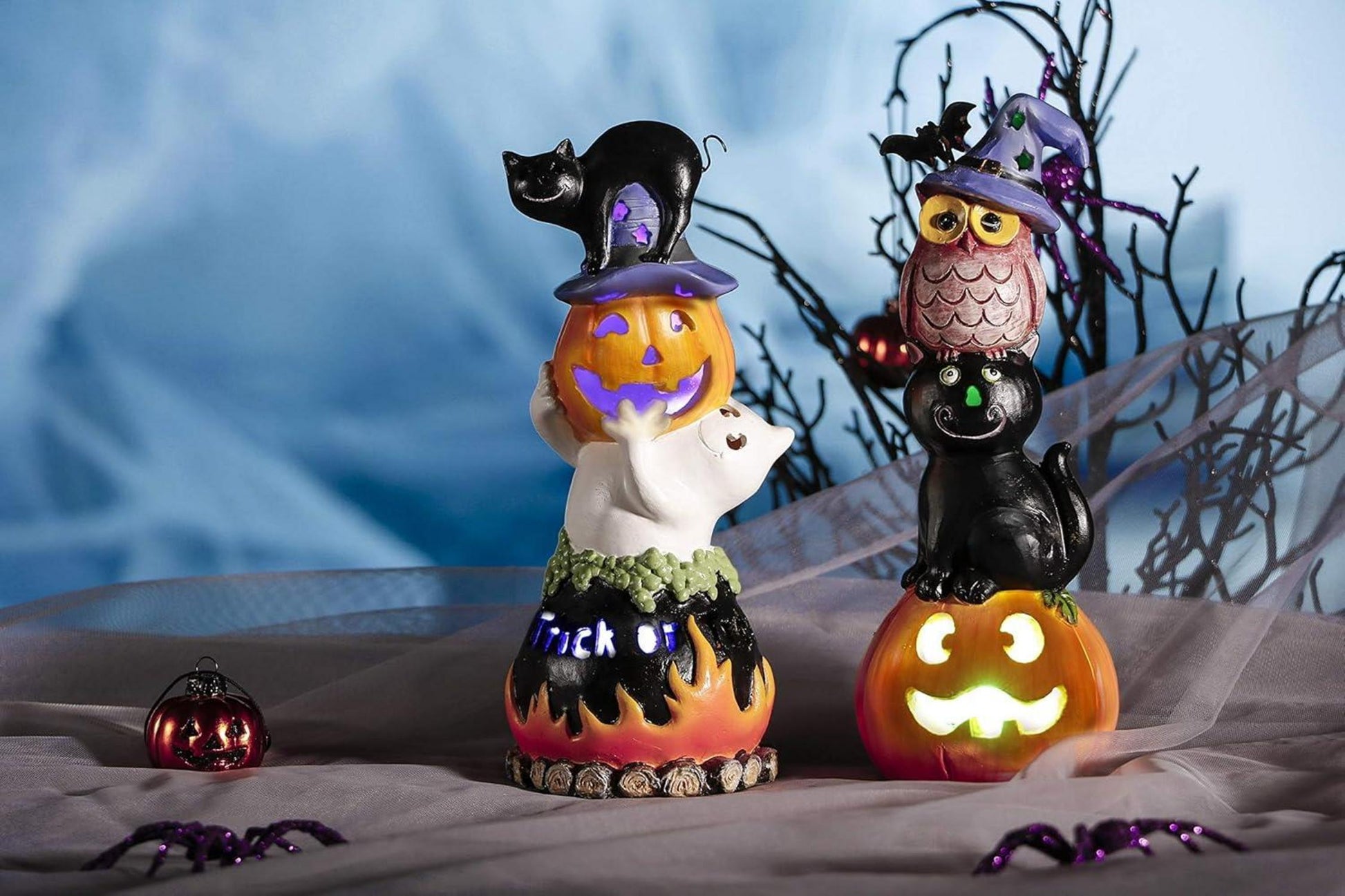 2er Set Halloween Deko Kürbisse LED Statuen drinnen draußen 20cm