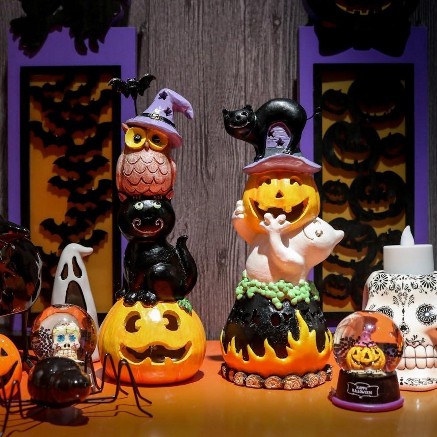 Halloween Deko 2er Set Harz Kürbis LED Beleuchtung 20cm