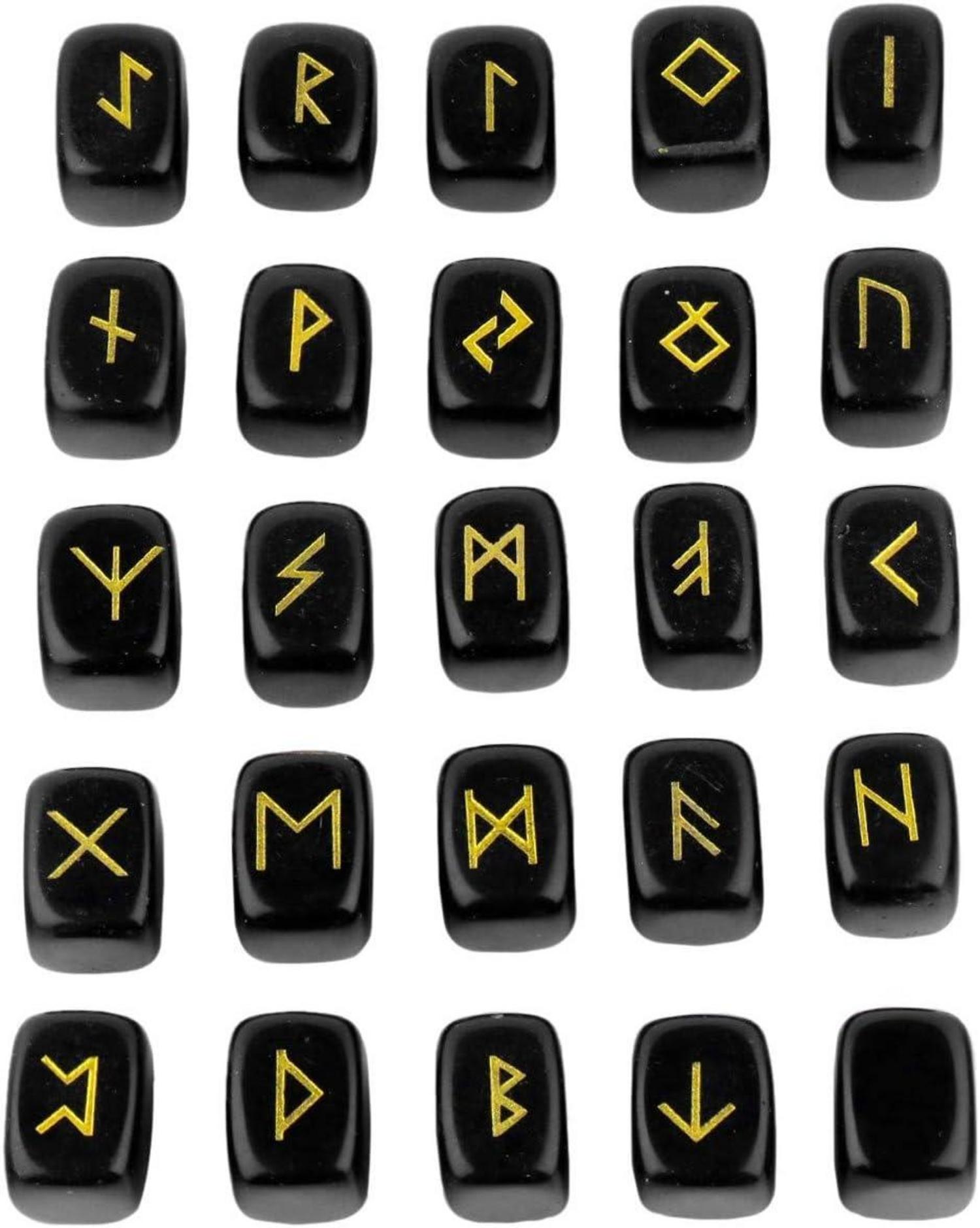 Obsidian Runensteine Set mit Gravur Elder Futhark Symbol Meditation