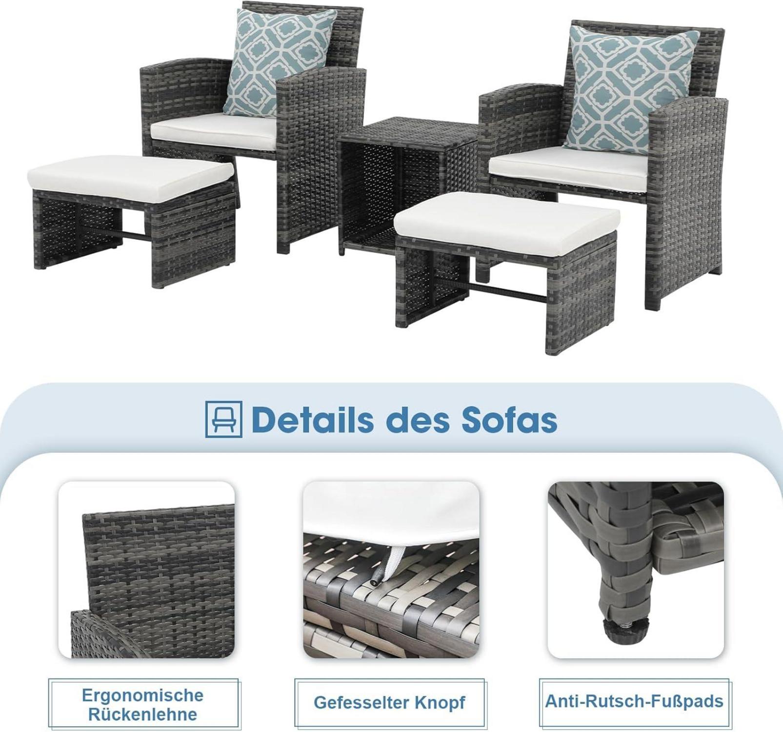 Rattan Gartenmöbel-Set für Balkon: 2 Sessel mit Hocker&Bistrotisch