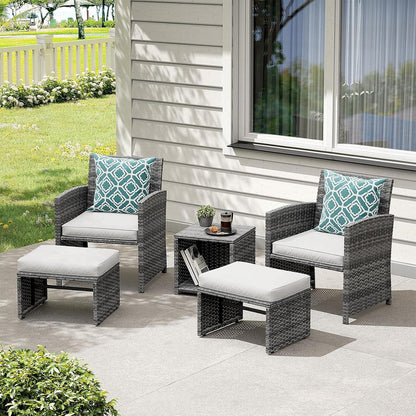 Rattan Gartenmöbel-Set für Balkon: 2 Sessel mit Hocker&Bistrotisch