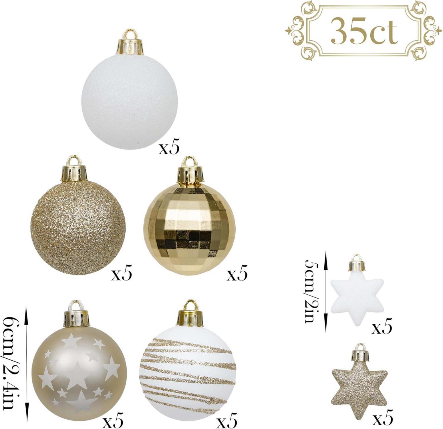 35tlg. Weihnachtskugeln Set 5cm Plastik Christbaumschmuck Weiß Gold