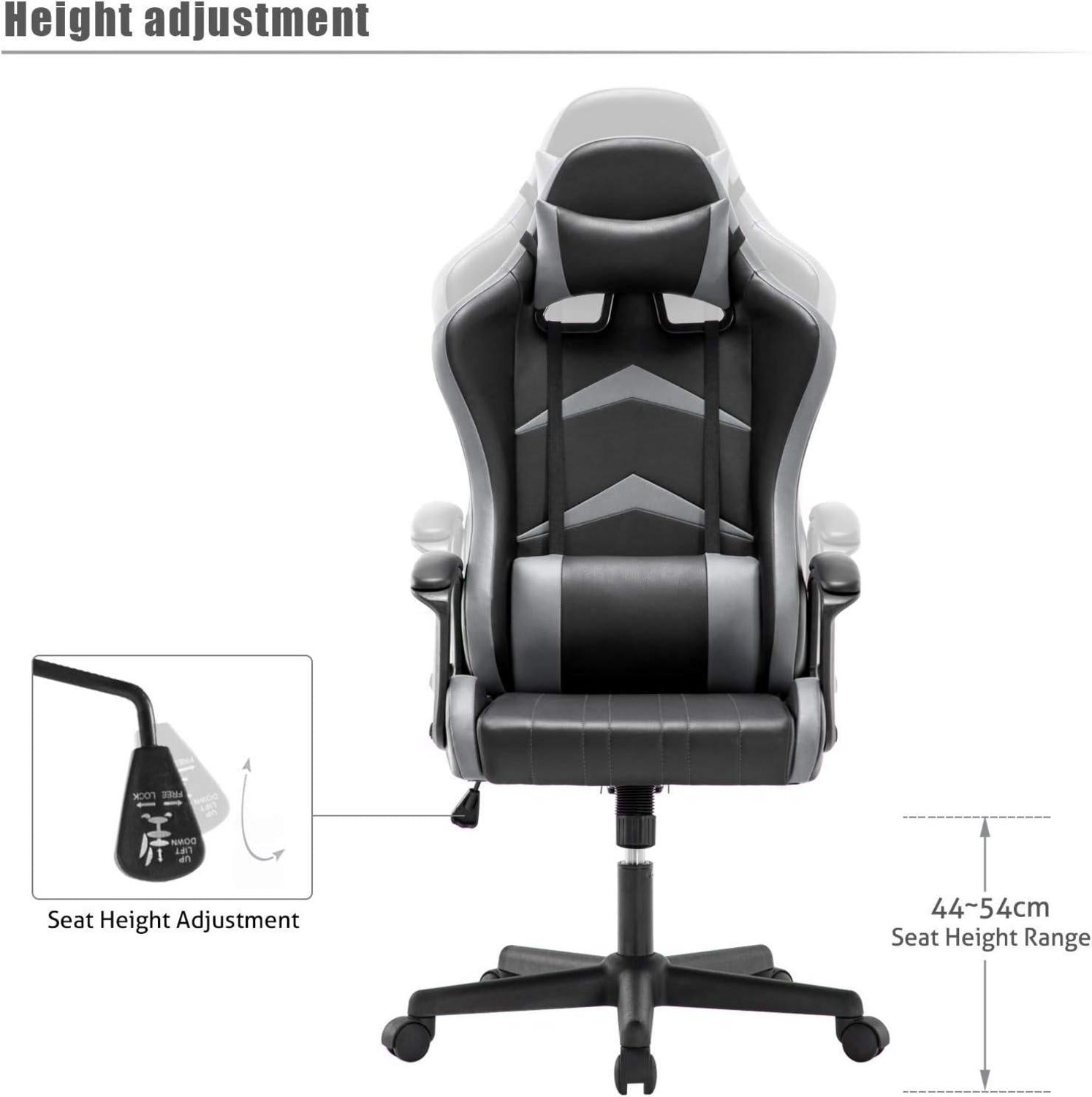 Gaming Stuhl mit Verstellbarem Kopfkissen und Lendenkissen, Ergonomischer Schreibtischstuhl, Racingstuhl (Grau) 52 x 49 x 130cm