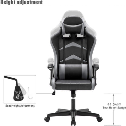 Gaming Stuhl mit Verstellbarem Kopfkissen und Lendenkissen, Ergonomischer Schreibtischstuhl, Racingstuhl (Grau) 52 x 49 x 130cm
