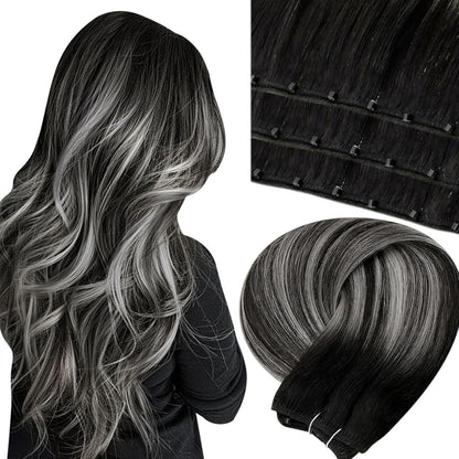 Echthaar Tressen Balayage Schwarz Silber 45cm