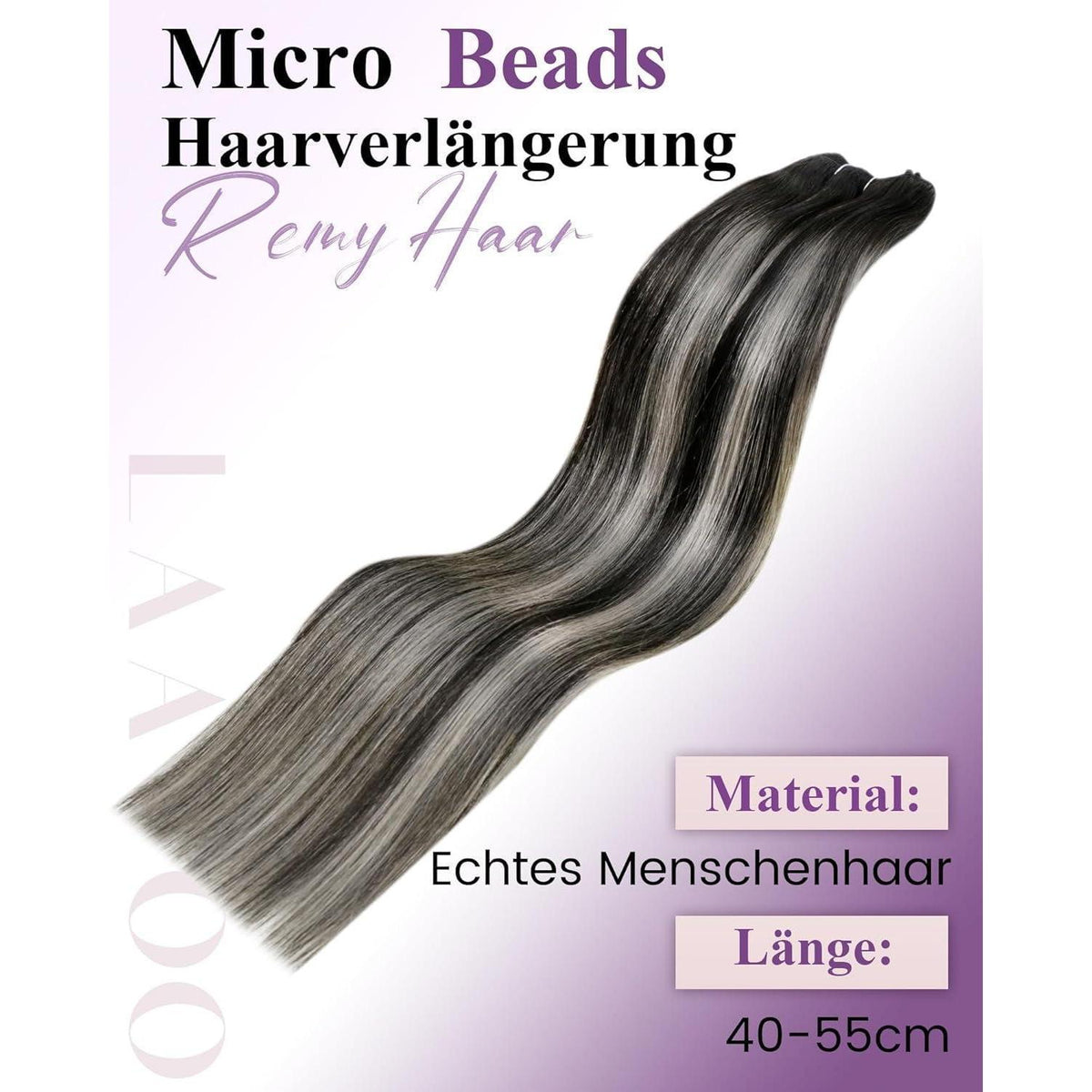 Echthaar Tressen Balayage Schwarz Silber 45cm