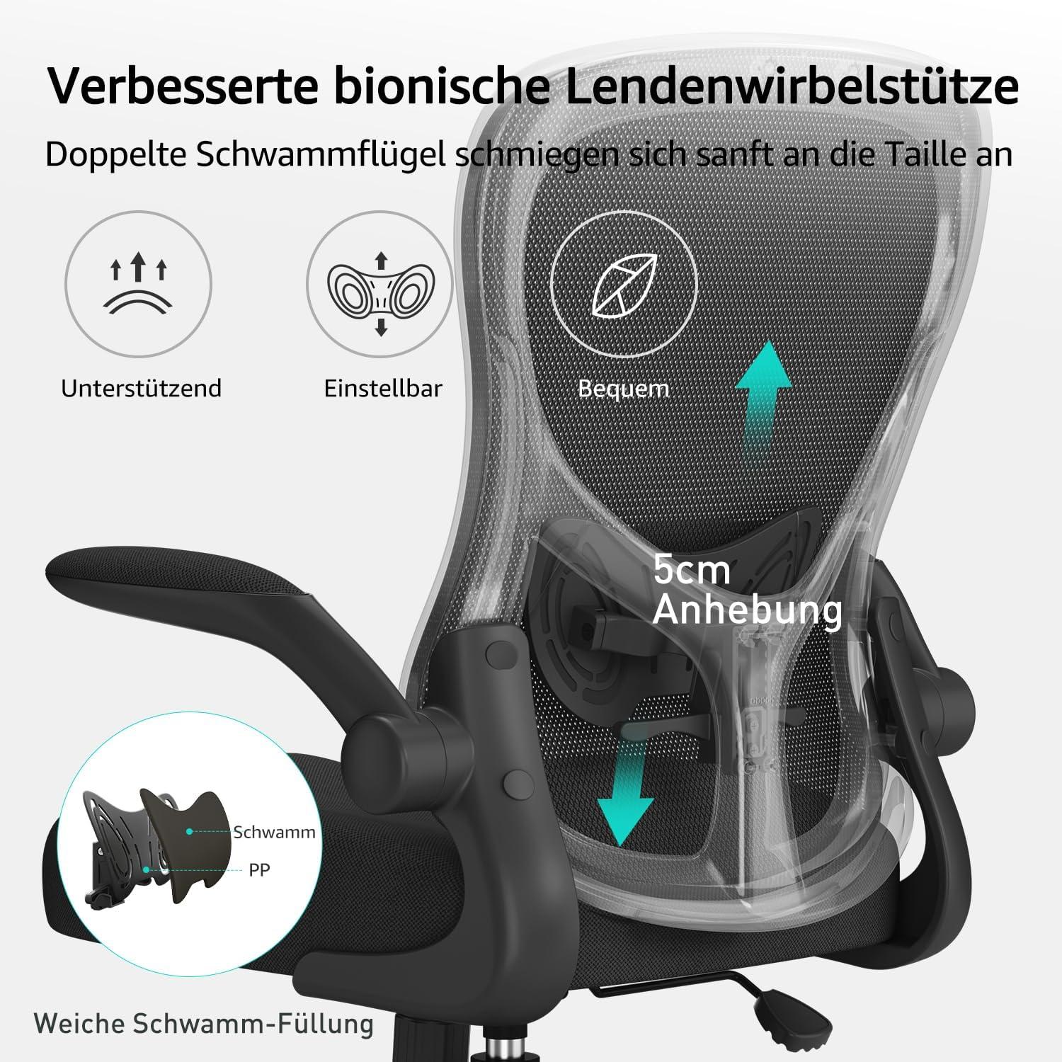 Ergonomischer Bürostuhl mit hochklappbarer Armlehne und Lendenwirbelstütze, Schwarz