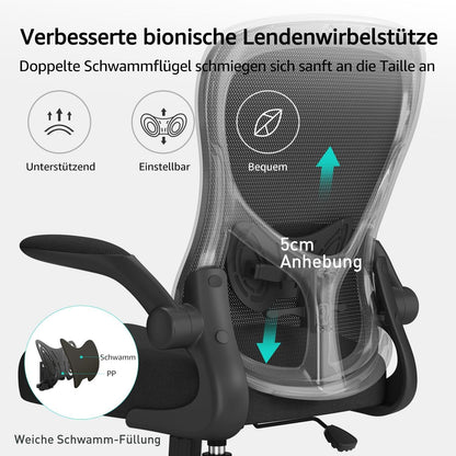 Ergonomischer Bürostuhl mit hochklappbarer Armlehne und Lendenwirbelstütze, Schwarz