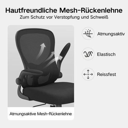 Ergonomischer Bürostuhl mit hochklappbarer Armlehne und Lendenwirbelstütze, Schwarz