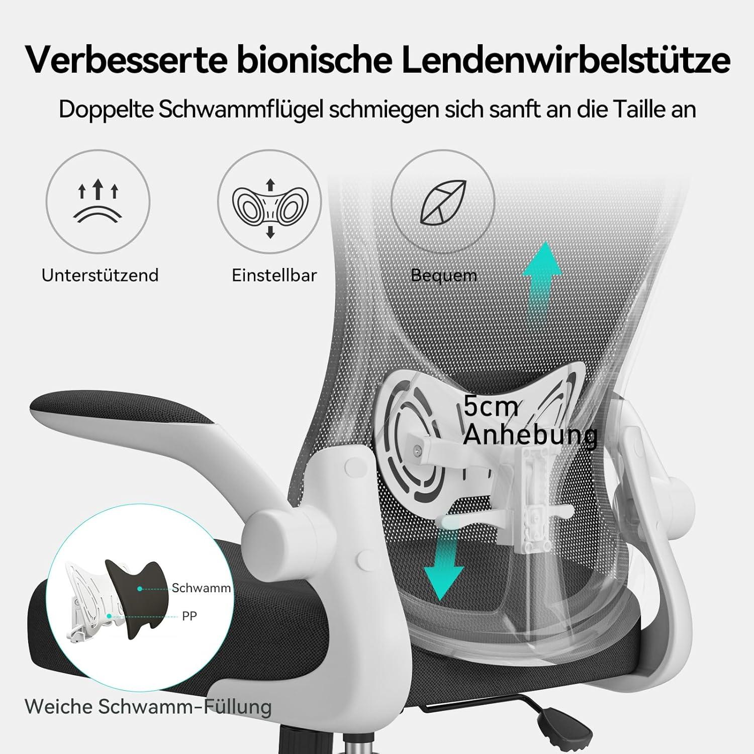 Ergonomischer Bürostuhl Weiß mit hochklappbarer Armlehne und Lendenwirbelstütze