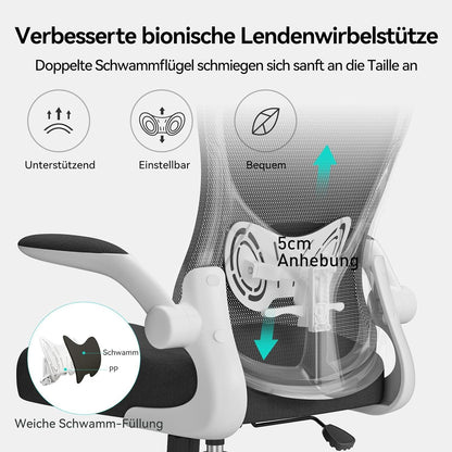Ergonomischer Bürostuhl Weiß mit hochklappbarer Armlehne und Lendenwirbelstütze
