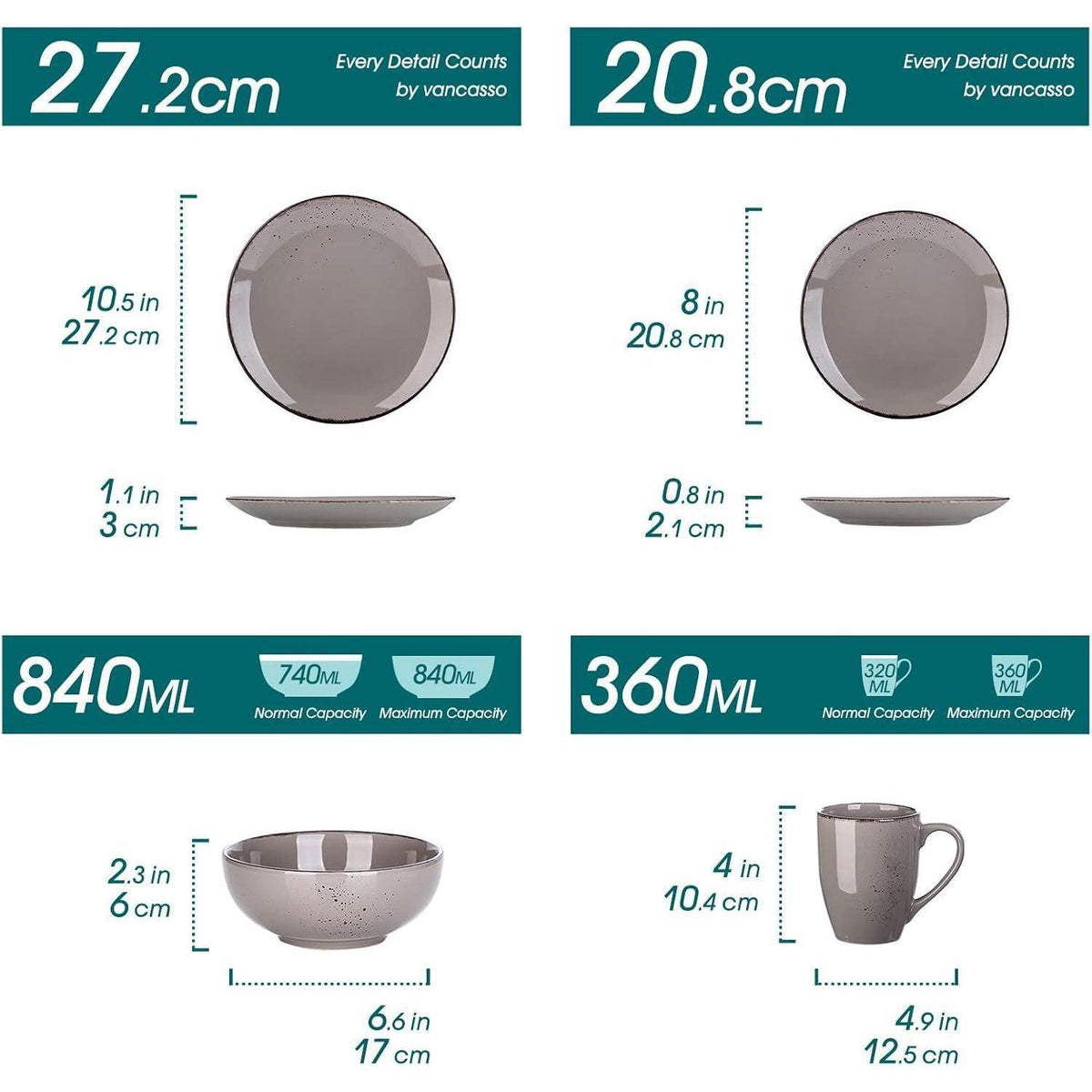Tafelservice Set 32 Teile für 8 Personen, Steingut Kombiservice Grau