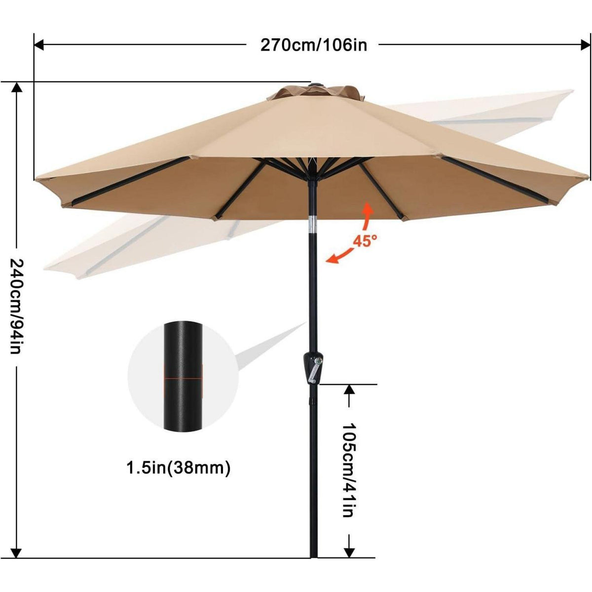 270cm Sonnenschirm Rot mit Kurbel und Neigungsfunktion