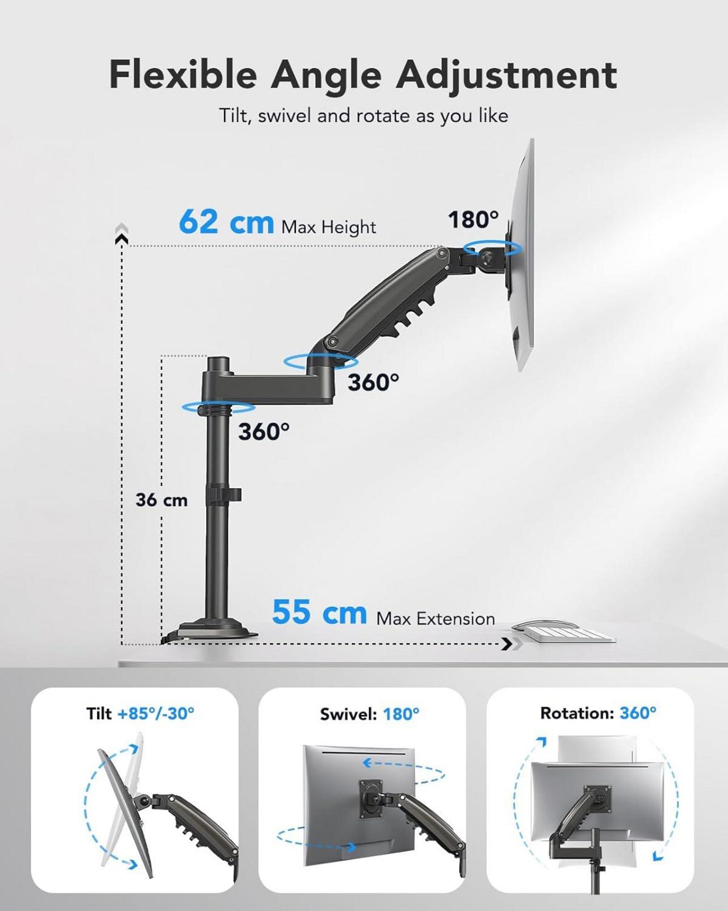Monitor Halterung 13-32 Zoll Gasdruckfeder Arm 360° Drehbar Vesa 75/100 2-9 KG