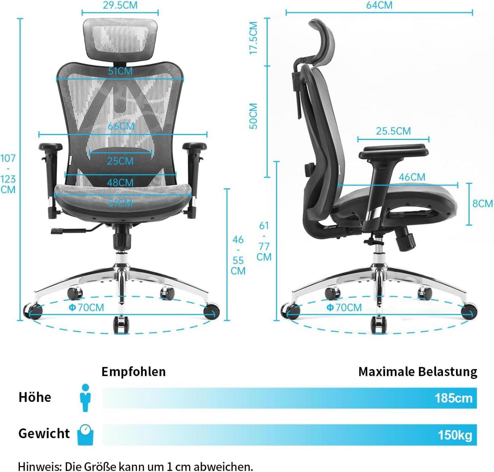 Ergonomischer Bürostuhl mit 3D Armlehne und Lendenwirbelstütze