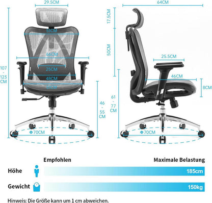Ergonomischer Bürostuhl mit 3D Armlehne und Lendenwirbelstütze