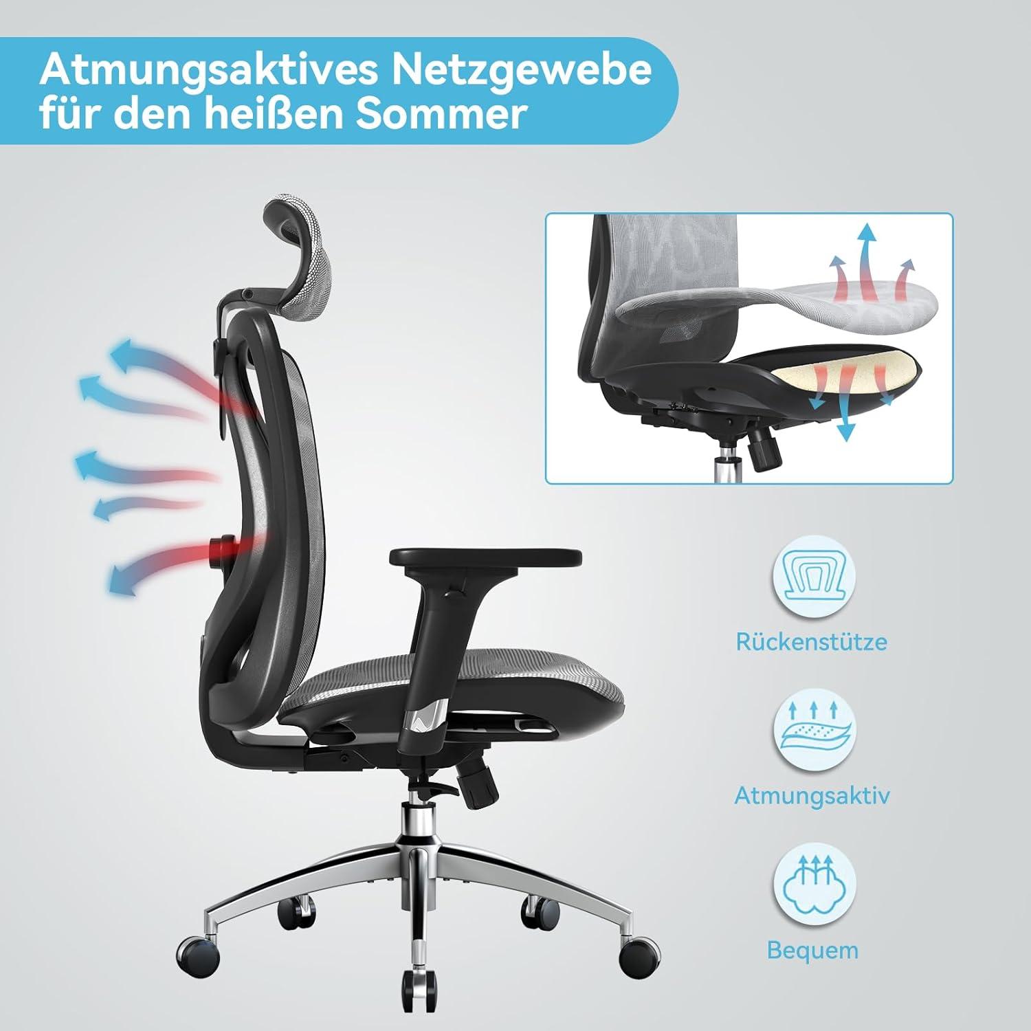 SIHOO Ergonomischer Bürostuhl mit verstellbarer Lendenwirbelstütze und Armlehne, Netz-Hochlehne, belastbar bis 150kg, Grau