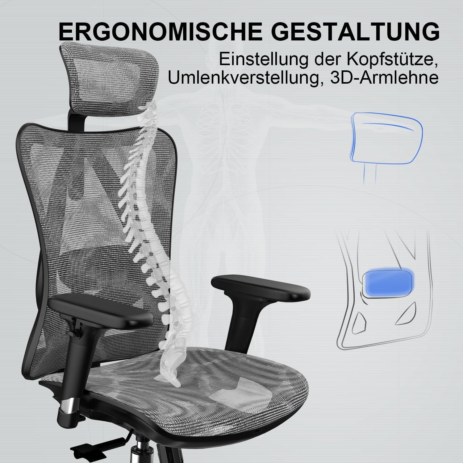 SIHOO Ergonomischer Bürostuhl 3D Armlehne Lendenstütze Netz-Hochlehne Grau